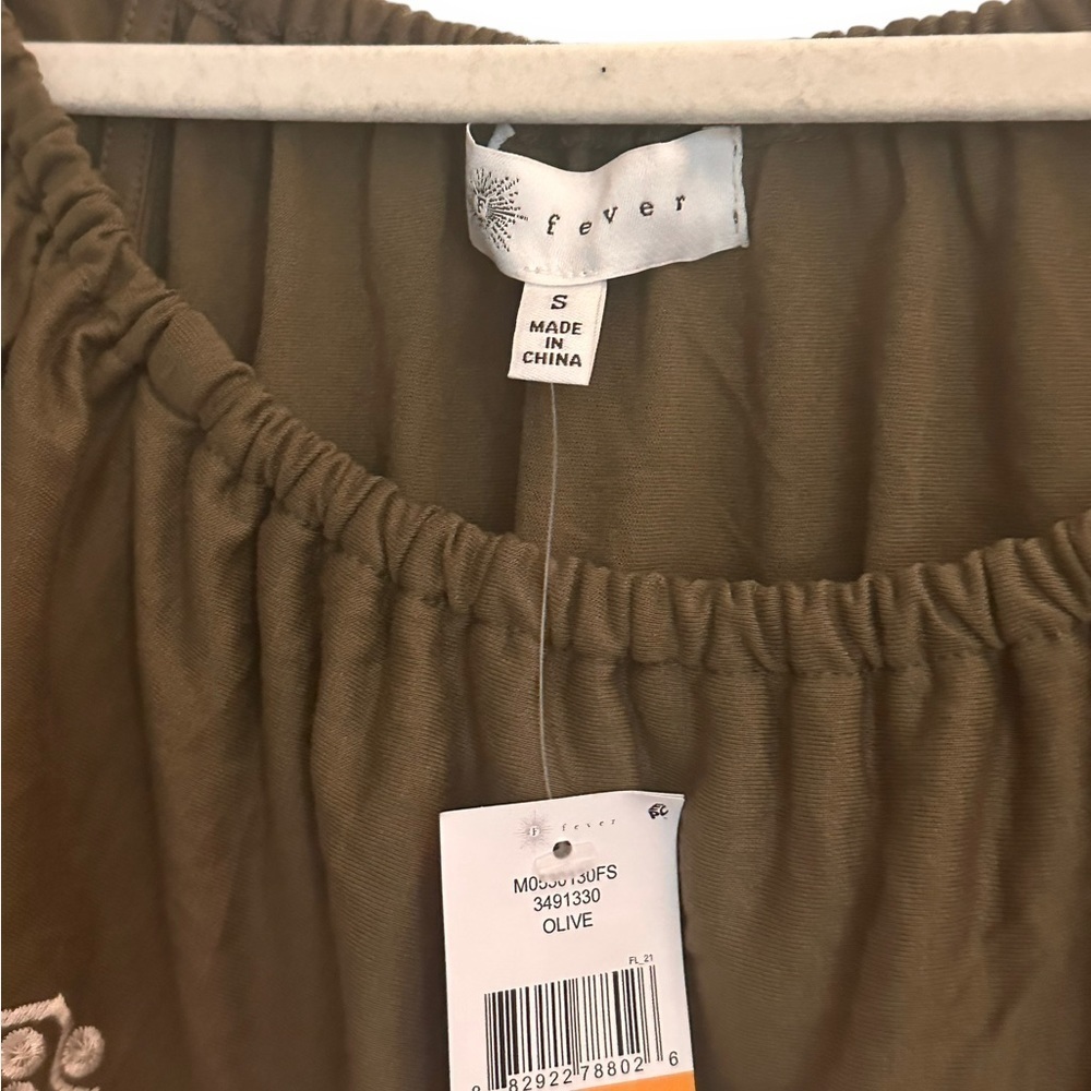 FEVER NWT Olive Embroidered Off Shoulder Boho Tunic Top Size Small - Picture 5 of 7